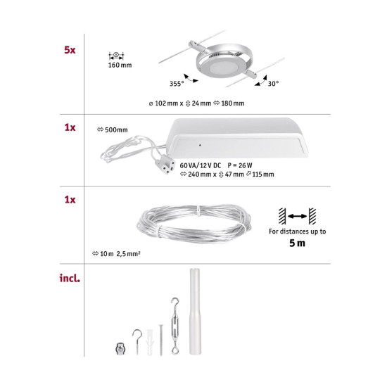 LED vaijerivalaisinsetti mattakromi ROUND MAC