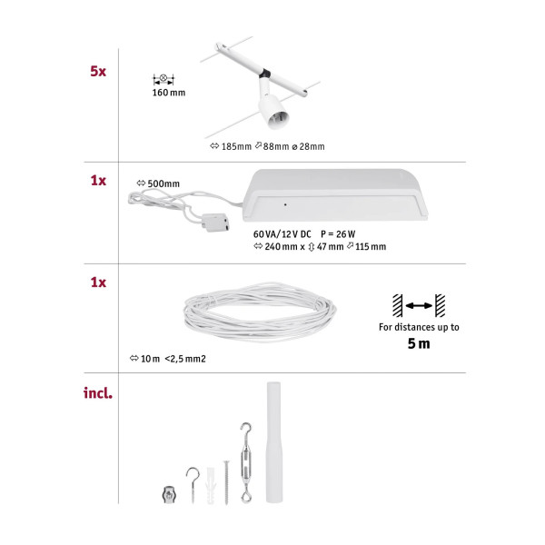 Wire system GU5,3 5x10W Matt white/Chrome SALT Wire system GU5,3 5x10W Matt white/Chrome SALT