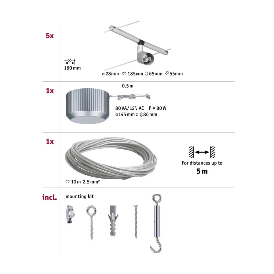 Kabelių šviestuvas sistema 5 x 10W LED GU5.3 SALT