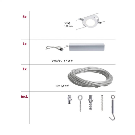 Kabelių šviestuvas sistema LED komplektas 6x4W ROUNDMAC