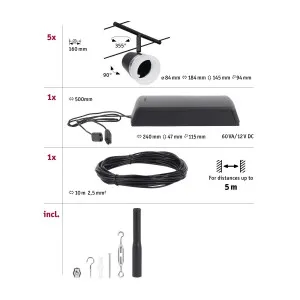 Cable system 5x10W GU5,3 black CONE BASIC