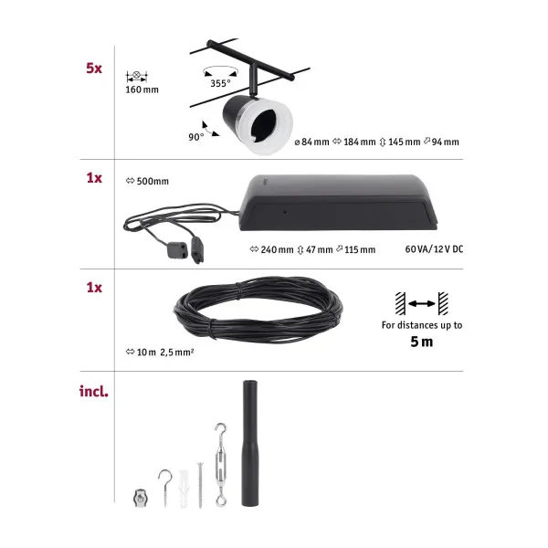 Cable system 5x10W GU5,3 black CONE BASIC